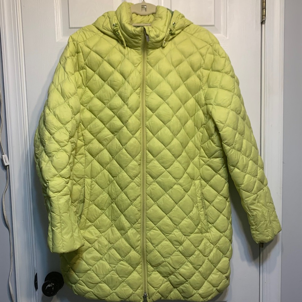 Lands End Puffer Jacket XL 18 Green Diamond Quilted Down Hooded Coat Gorpcore